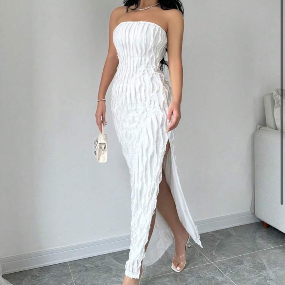 Strapless White Textured Ruffle ruched Maxi Dress